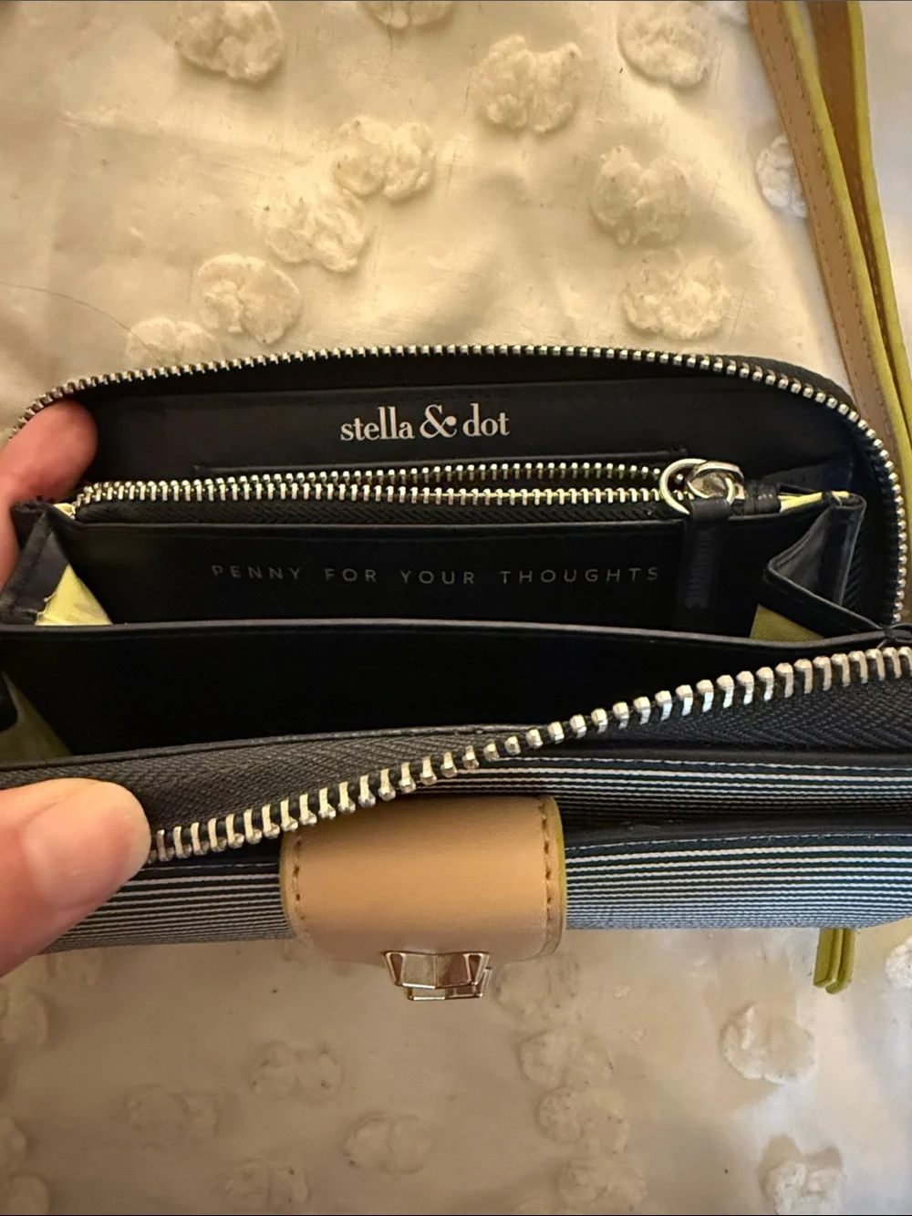 Striped Navy & White Wristlet Phone Case with Tan & Lime Accent